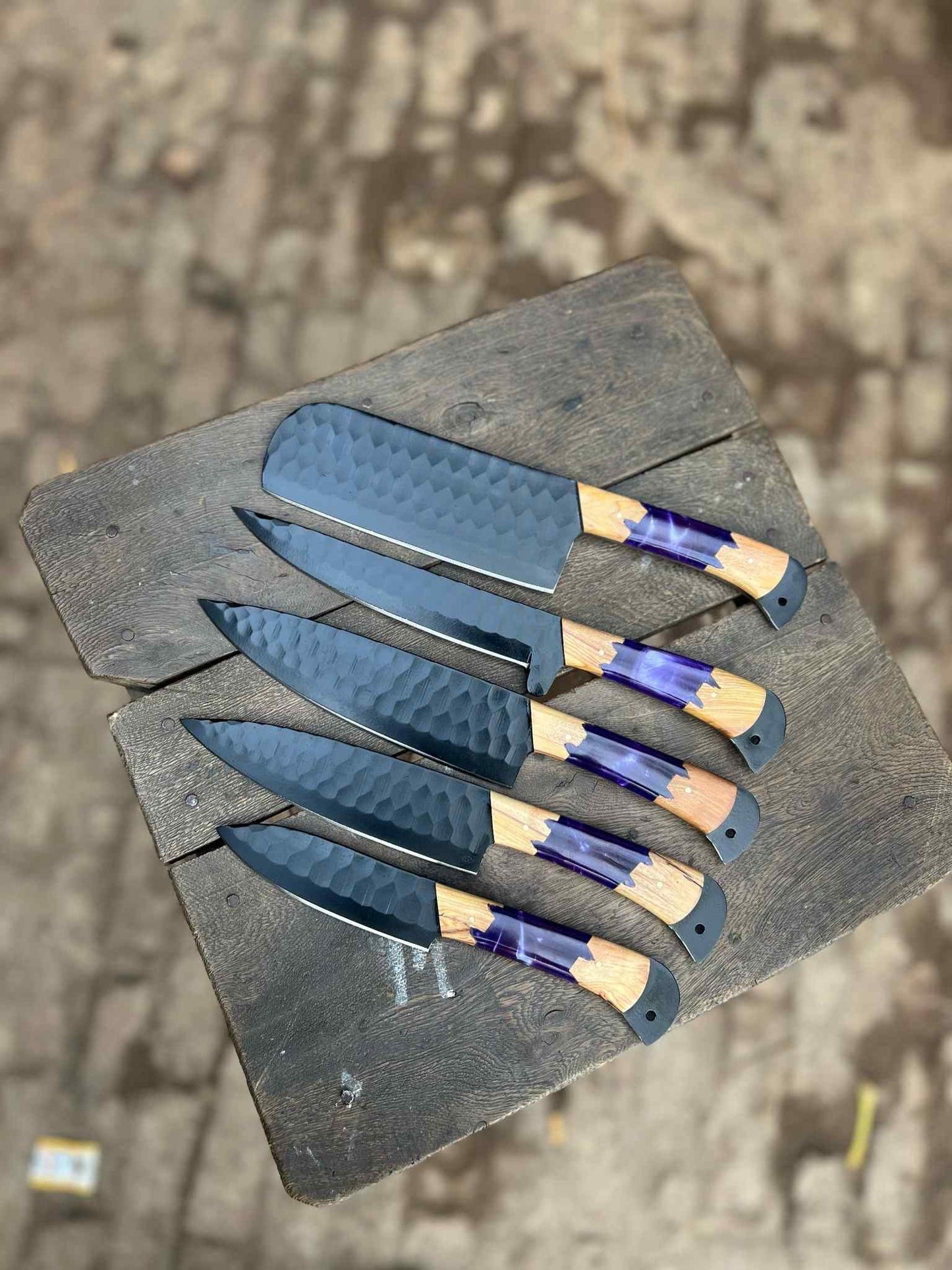 Personalized Chef Knife Set – Handmade Damascus Kitchen Knives with Wood &amp; Purple Resin Handles | Luxury Cooking Gift for Her &amp; Him