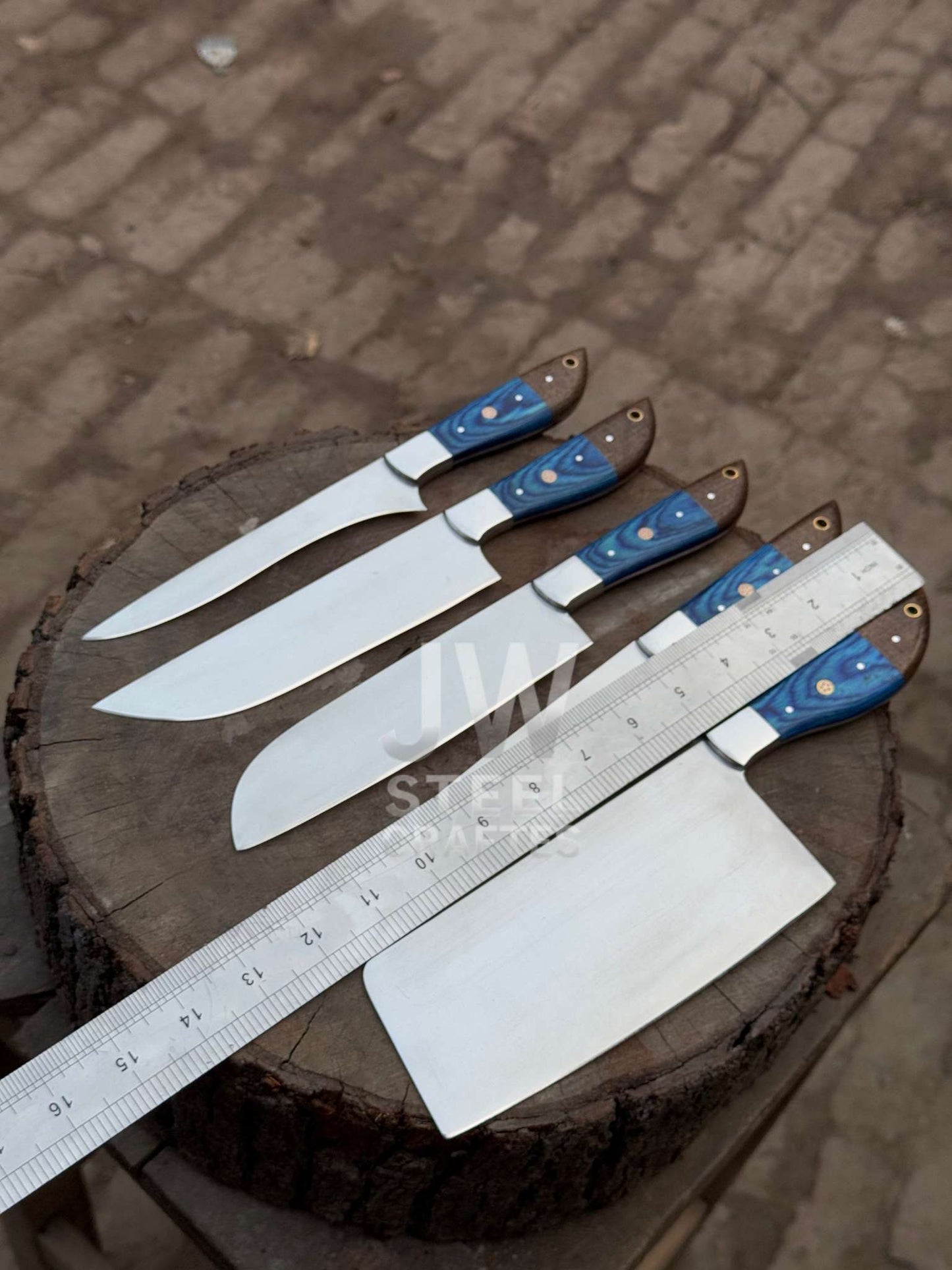 Handmade Damascus Kitchen Knife Set – 5 Piece Chef & Butcher Collection with Blue & Wood Handles