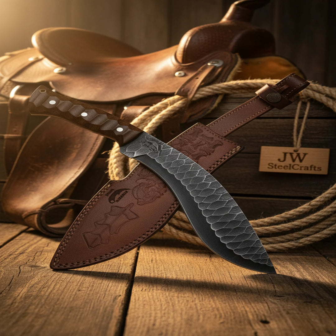 Handmade Cowboy Bowie Knife Curved Damascus Style Blade With Leather Sheath On Wooden Table With Saddle Rope And Rustic Western Setting