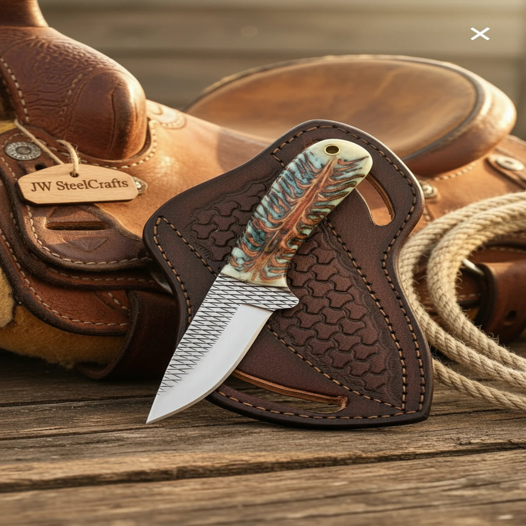 Handmade Cowboy Fixed Blade Knife Western Fixed Blade With Feather Engraved Handle And Textured Leather Sheath Mounted On Saddle With Coiled Rope And JW SteelCrafts Tag In Warm Rustic Workshop Lighting
