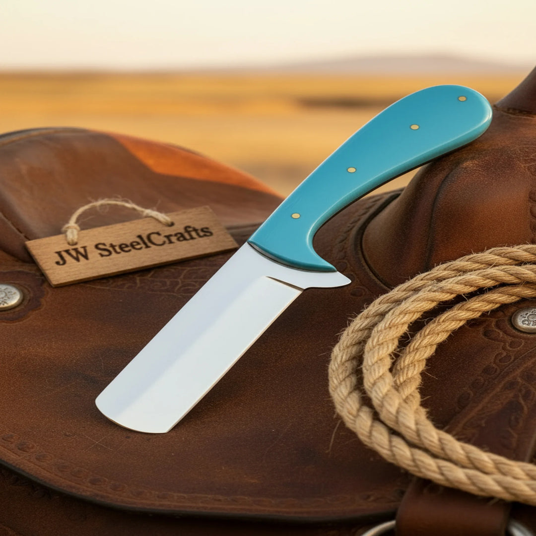 Handmade Cowboy Sheepsfoot Bull Cutter Knife Sheepsfoot Style Blade With Turquoise Handle Resting On Leather Saddle