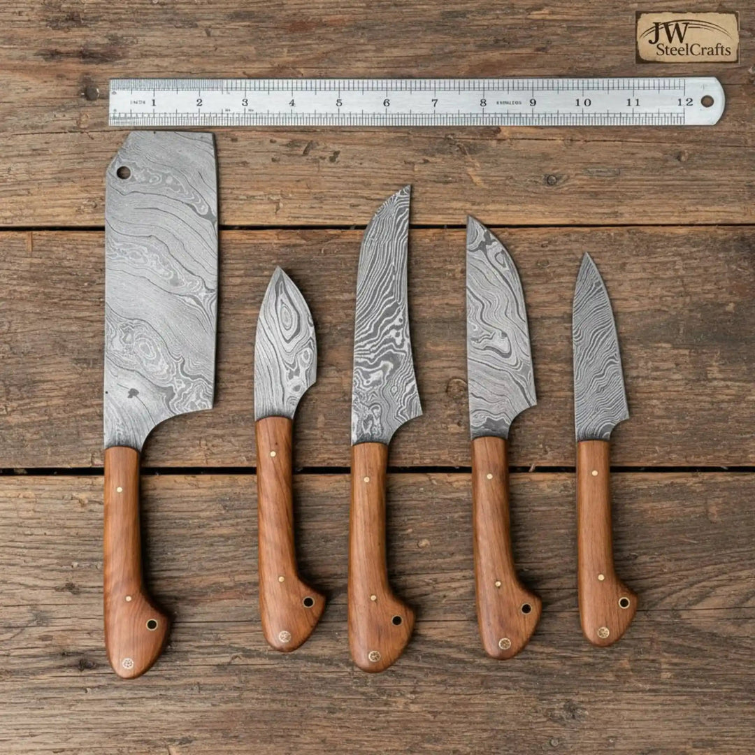 Handmade Damascus 5 - Piece Kitchen Knife Set — Cleaver, Chef, Utility, Boning & Paring (Olive Wood Handles, Full Tang) handmade Handmade Chef Knife Sets by JW SteelCrafts