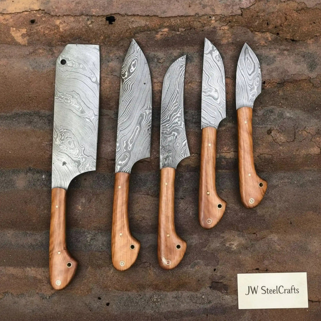 Handmade Damascus 5 - Piece Kitchen Knife Set — Cleaver, Chef, Utility, Boning &amp; Paring (Olive Wood Handles, Full Tang) handmade Handmade Chef Knife Sets by JW SteelCrafts