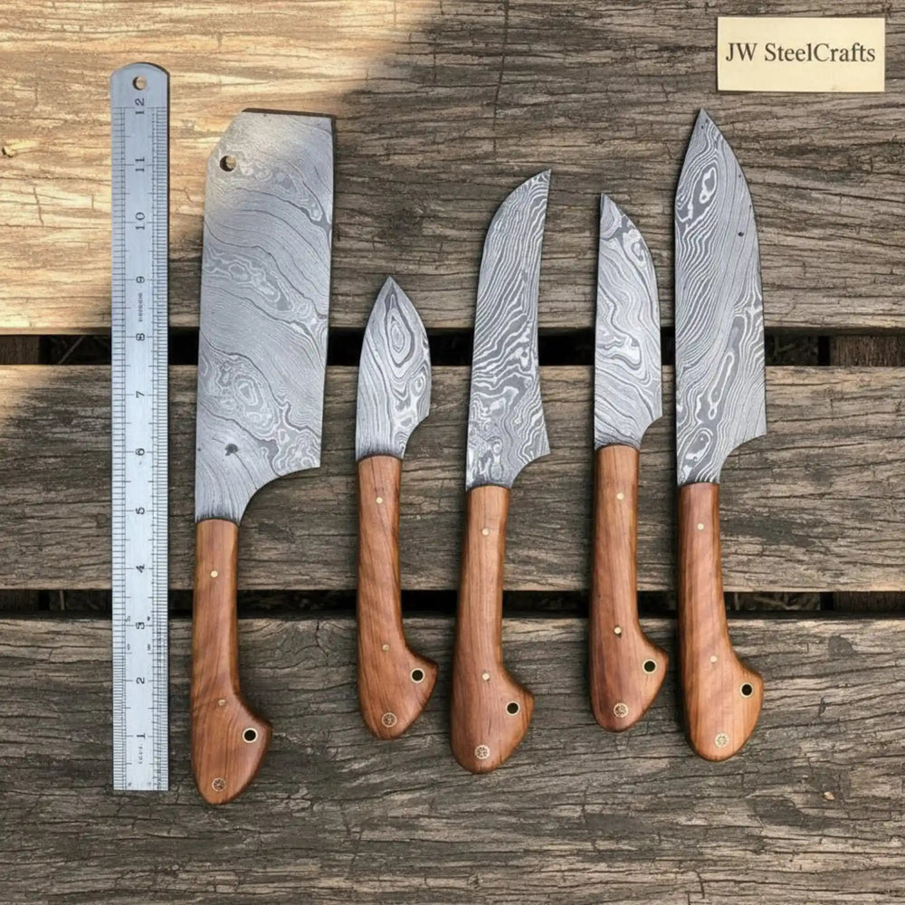 Handmade Damascus 5 - Piece Kitchen Knife Set — Cleaver, Chef, Utility, Boning & Paring (Olive Wood Handles, Full Tang) handmade Handmade Chef Knife Sets by JW SteelCrafts