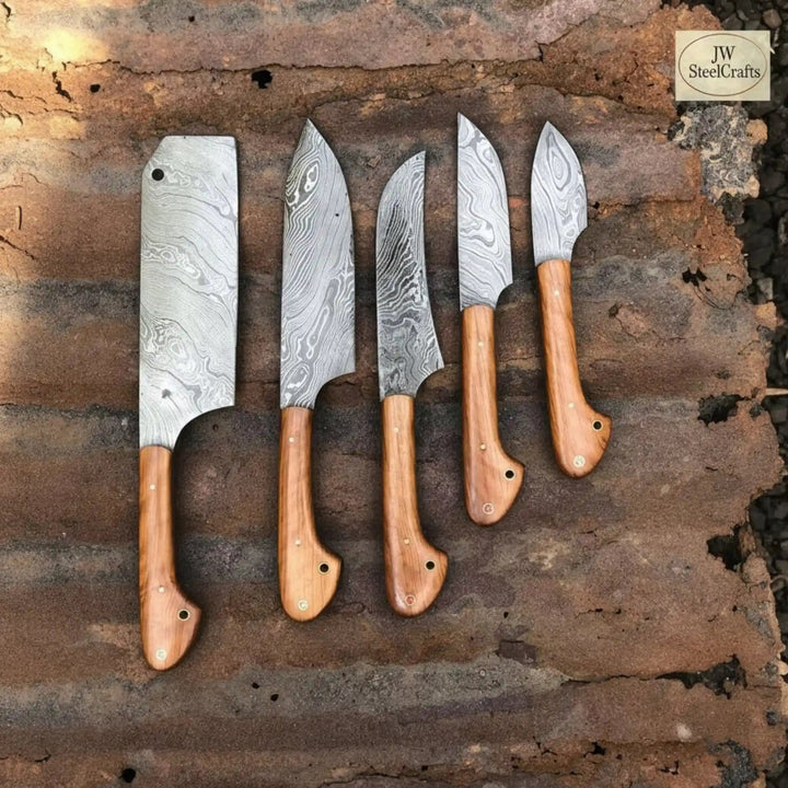 Handmade Damascus 5 - Piece Kitchen Knife Set — Cleaver, Chef, Utility, Boning &amp; Paring (Olive Wood Handles, Full Tang) handmade Handmade Chef Knife Sets by JW SteelCrafts