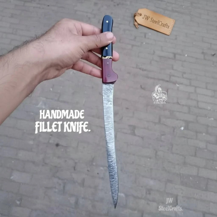 Handmade Damascus Boning Knife, Full Tang Fillet Knife with Black Micarta and Resin Handle, JW SteelCrafts handmade Handmade Boning Knives by JW SteelCrafts