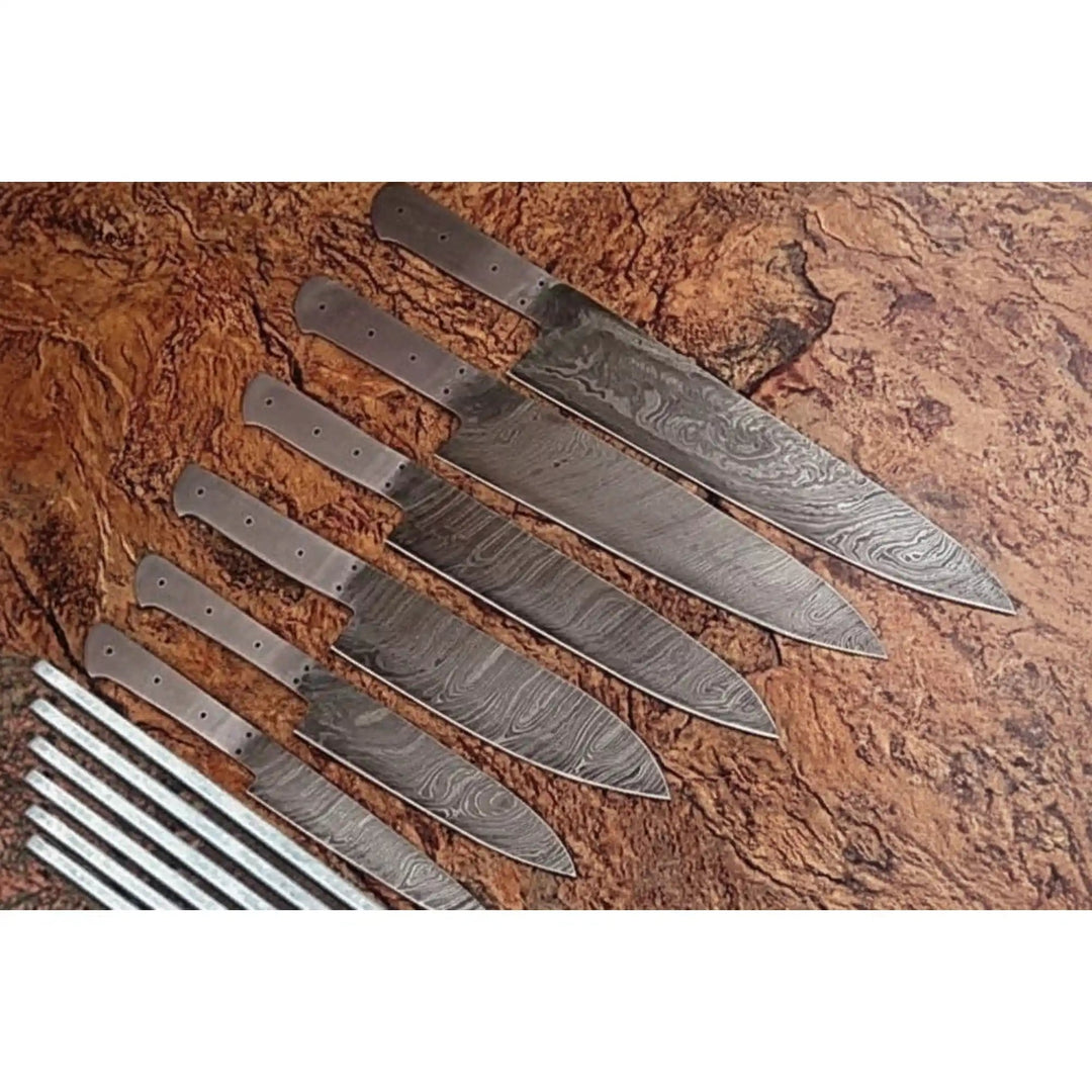 Handmade Damascus Chef Knife Blank Set of 6, Full Tang Kitchen Blade Blanks, Forged Damascus Steel Knife Making Blades, Custom Knife Supply Set handmade Knife blank Blades by JW SteelCrafts