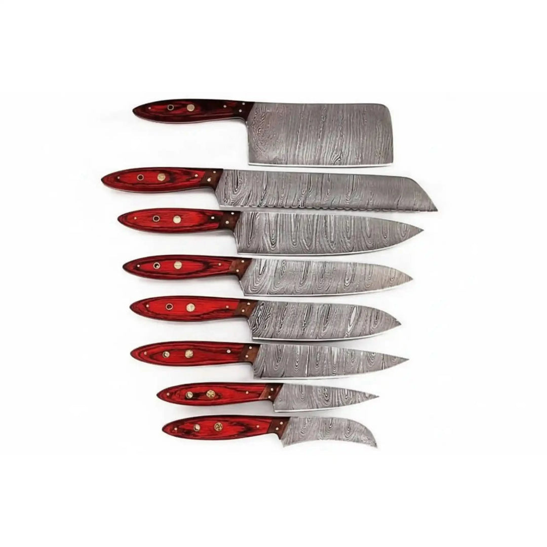 Full Damascus kitchen knife set with red resin wood handles and patterned steel blades on white background