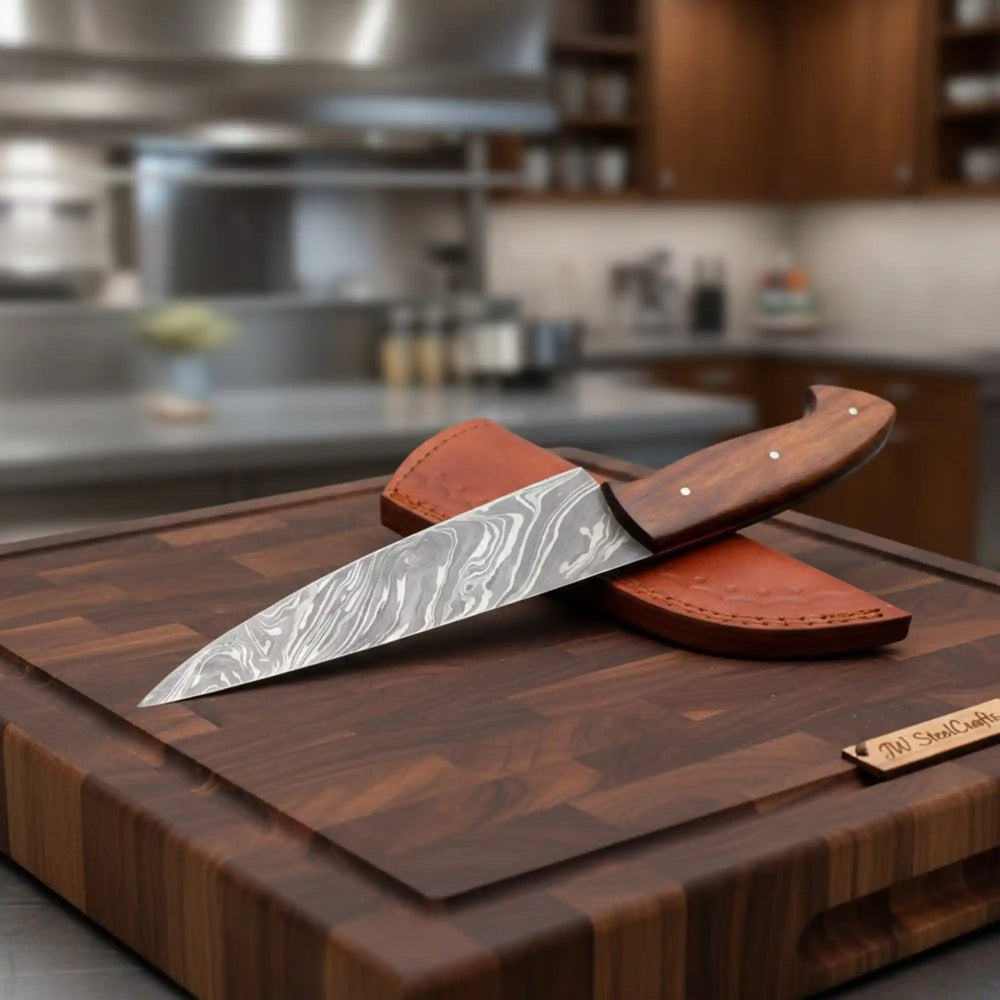 Handmade Damascus Chef Knife Set of 2 with Rosewood Handles, Full Tang Forged Kitchen Knives with Leather Sheaths, Professional Cooking and Meat Cutting Knife Pair handmade Damascus Steel Chef Knives by JW SteelCrafts