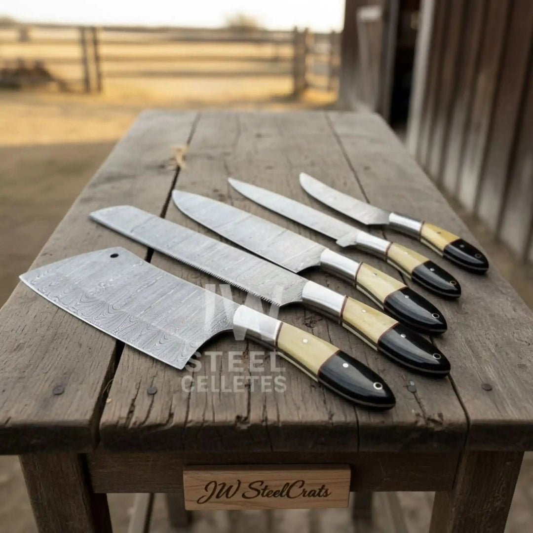 5 piece Damascus chef knife set with camel bone and black micarta handles displayed on rustic tree stump outdoors