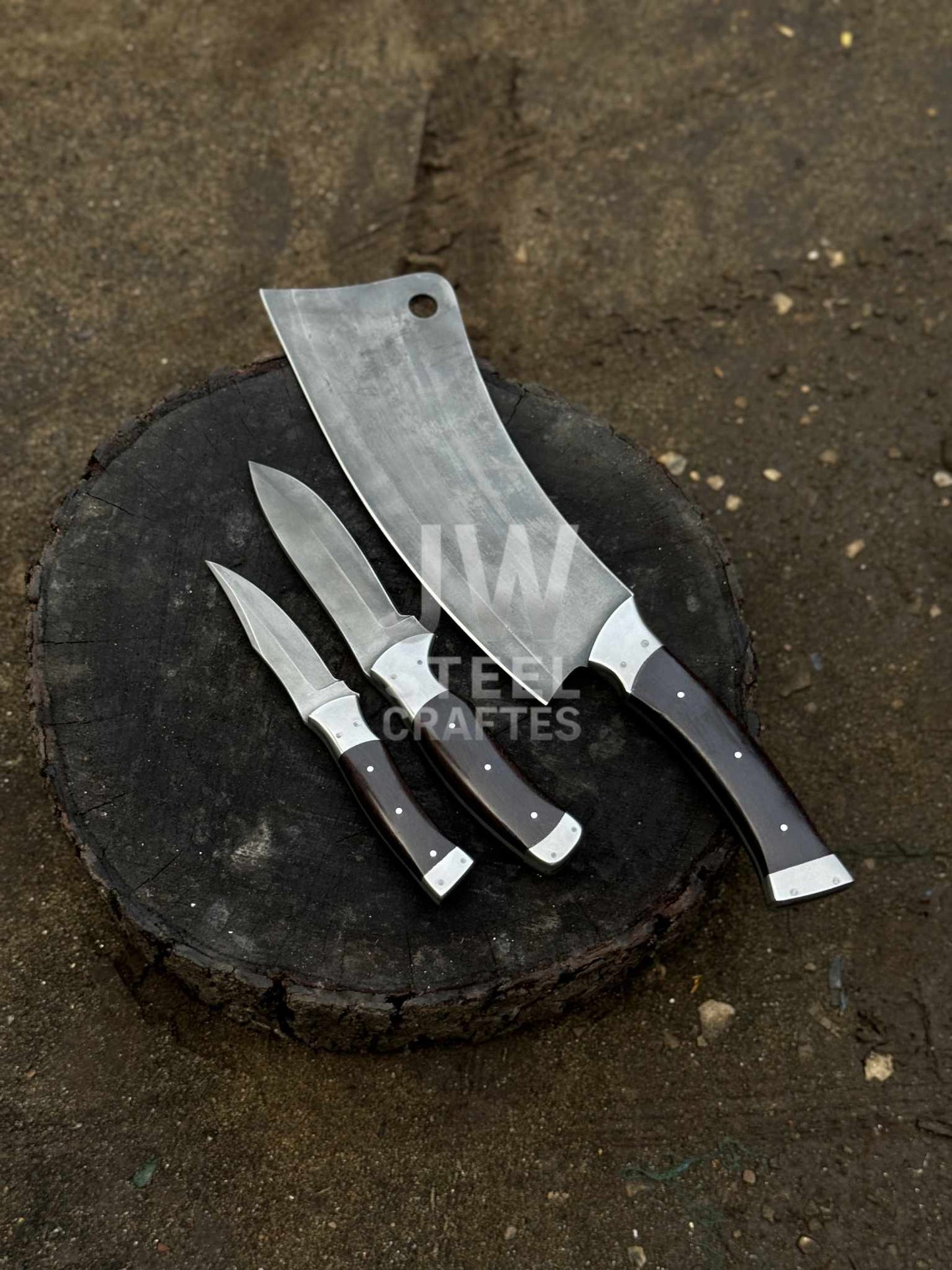 Handmade 3-Piece Knife Set – Cleaver & Hunting Knives with Wooden Handle