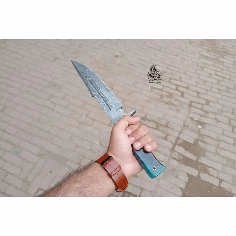 Handmade Damascus Clip Point Bowie Knife, Custom Resin Handle Bowie, Modern Bowie Knife with Leather Sheath, JW SteelCrafts handmade Clip Point Bowie Knives by JW SteelCrafts