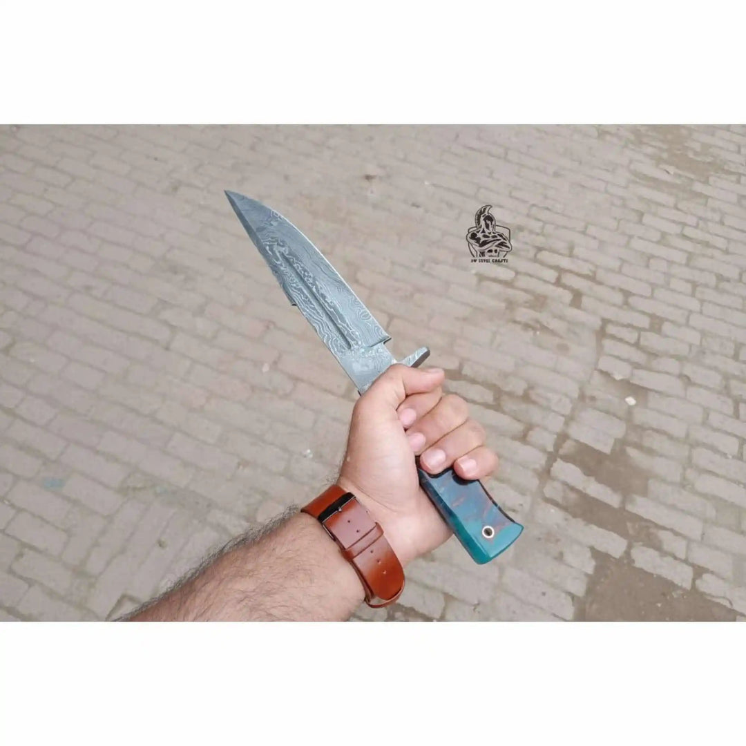 Handmade Damascus Clip Point Bowie Knife, Custom Resin Handle Bowie, Modern Bowie Knife with Leather Sheath, JW SteelCrafts handmade Clip Point Bowie Knives by JW SteelCrafts
