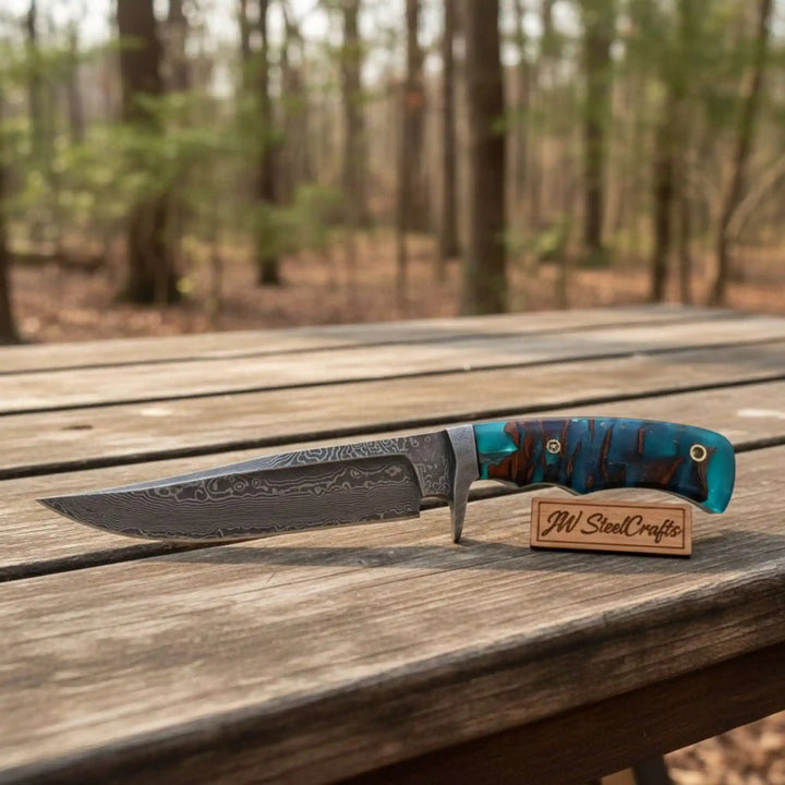 Handmade Damascus Clip Point Bowie Knife, Custom Resin Handle Bowie, Modern Bowie Knife with Leather Sheath, JW SteelCrafts handmade Clip Point Bowie Knives by JW SteelCrafts
