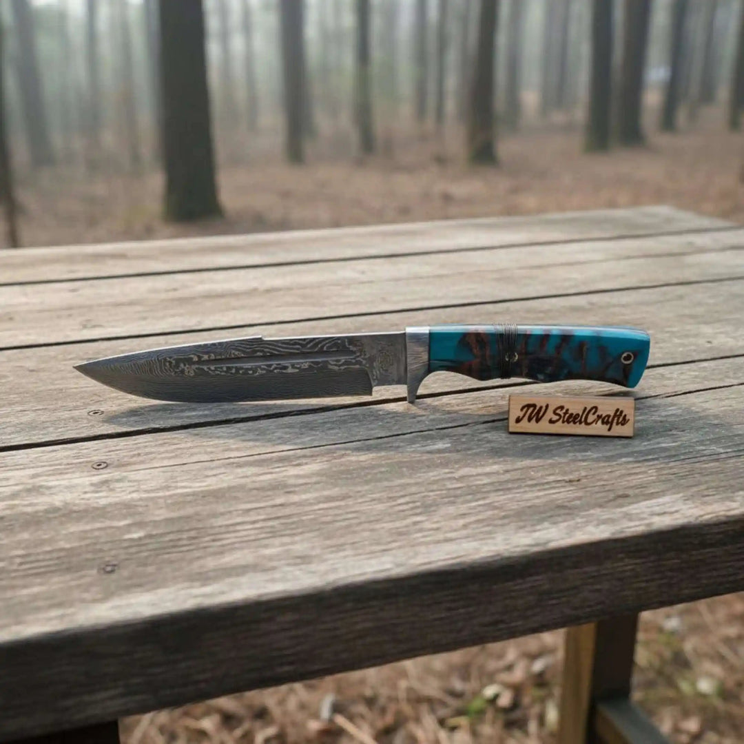 Handmade Damascus Clip Point Bowie Knife, Custom Resin Handle Bowie, Modern Bowie Knife with Leather Sheath, JW SteelCrafts handmade Clip Point Bowie Knives by JW SteelCrafts