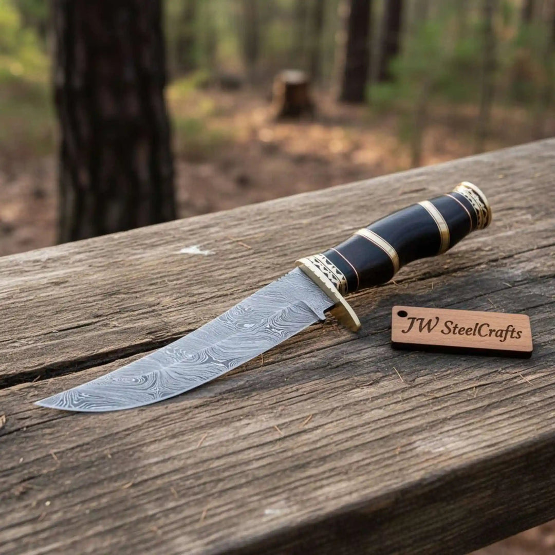Handmade Damascus Clip Point Bowie Knife, Custom Stacked Wood Handle Fixed Blade handmade Clip Point Bowie Knives by JW SteelCrafts