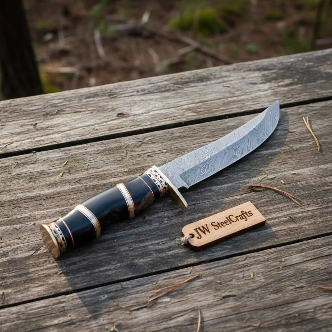 Handmade Damascus Clip Point Bowie Knife, Custom Stacked Wood Handle Fixed Blade handmade Clip Point Bowie Knives by JW SteelCrafts