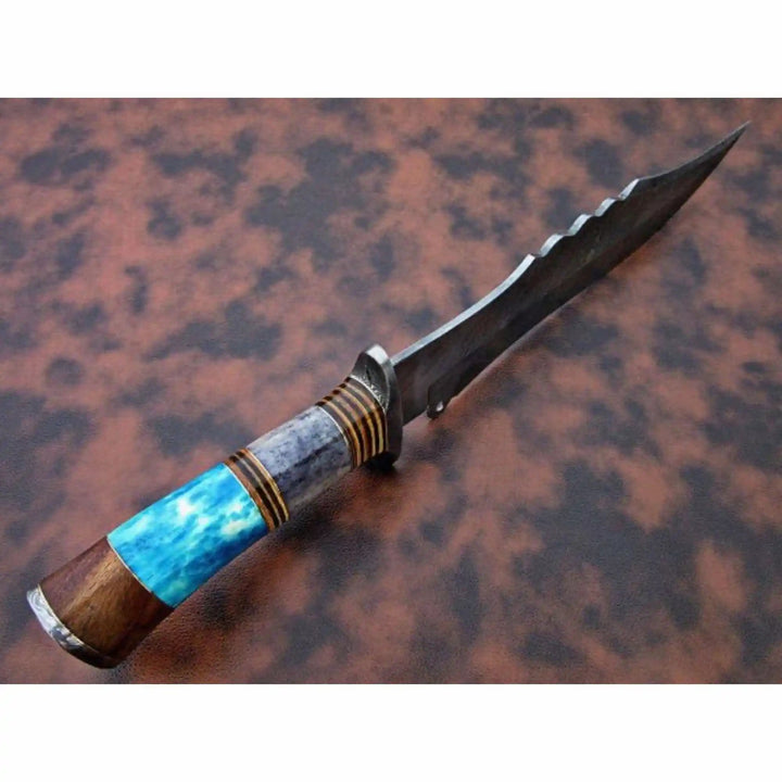 Handmade Damascus Clip Point Bowie Knife Stacked Bone and Wood Handle Fixed Blade JW SteelCrafts handmade Clip Point Bowie Knives by JW SteelCrafts