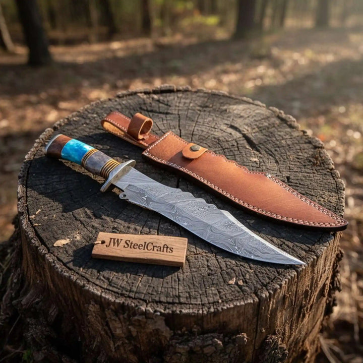 Handmade Damascus Clip Point Bowie Knife Stacked Bone and Wood Handle Fixed Blade JW SteelCrafts handmade Clip Point Bowie Knives by JW SteelCrafts