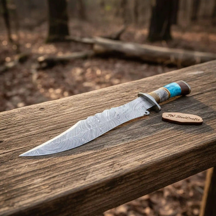 Handmade Damascus Clip Point Bowie Knife Stacked Bone and Wood Handle Fixed Blade JW SteelCrafts handmade Clip Point Bowie Knives by JW SteelCrafts
