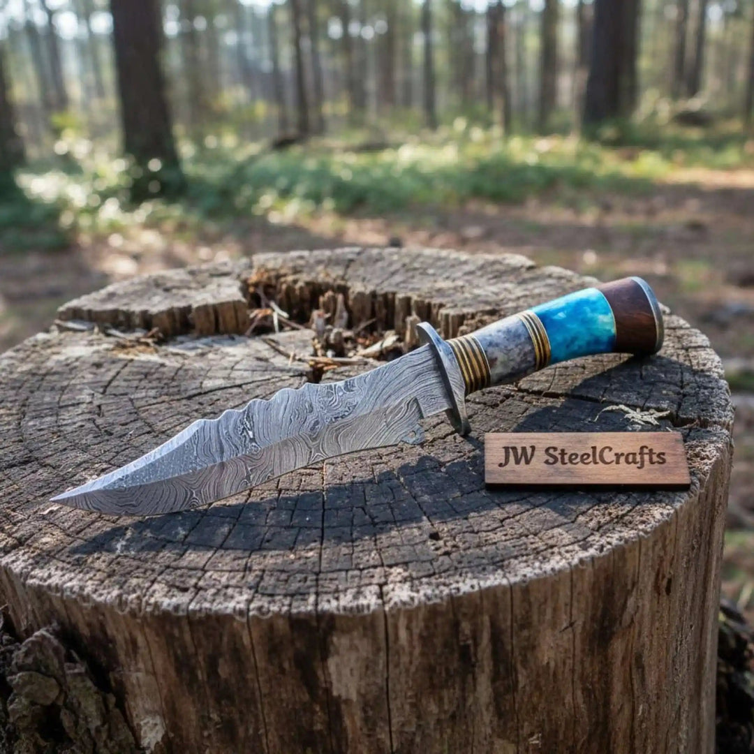 Handmade Damascus Clip Point Bowie Knife Stacked Bone and Wood Handle Fixed Blade JW SteelCrafts handmade Clip Point Bowie Knives by JW SteelCrafts