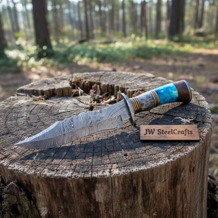 Handmade Damascus Clip Point Bowie Knife Stacked Bone and Wood Handle Fixed Blade JW SteelCrafts handmade Clip Point Bowie Knives by JW SteelCrafts