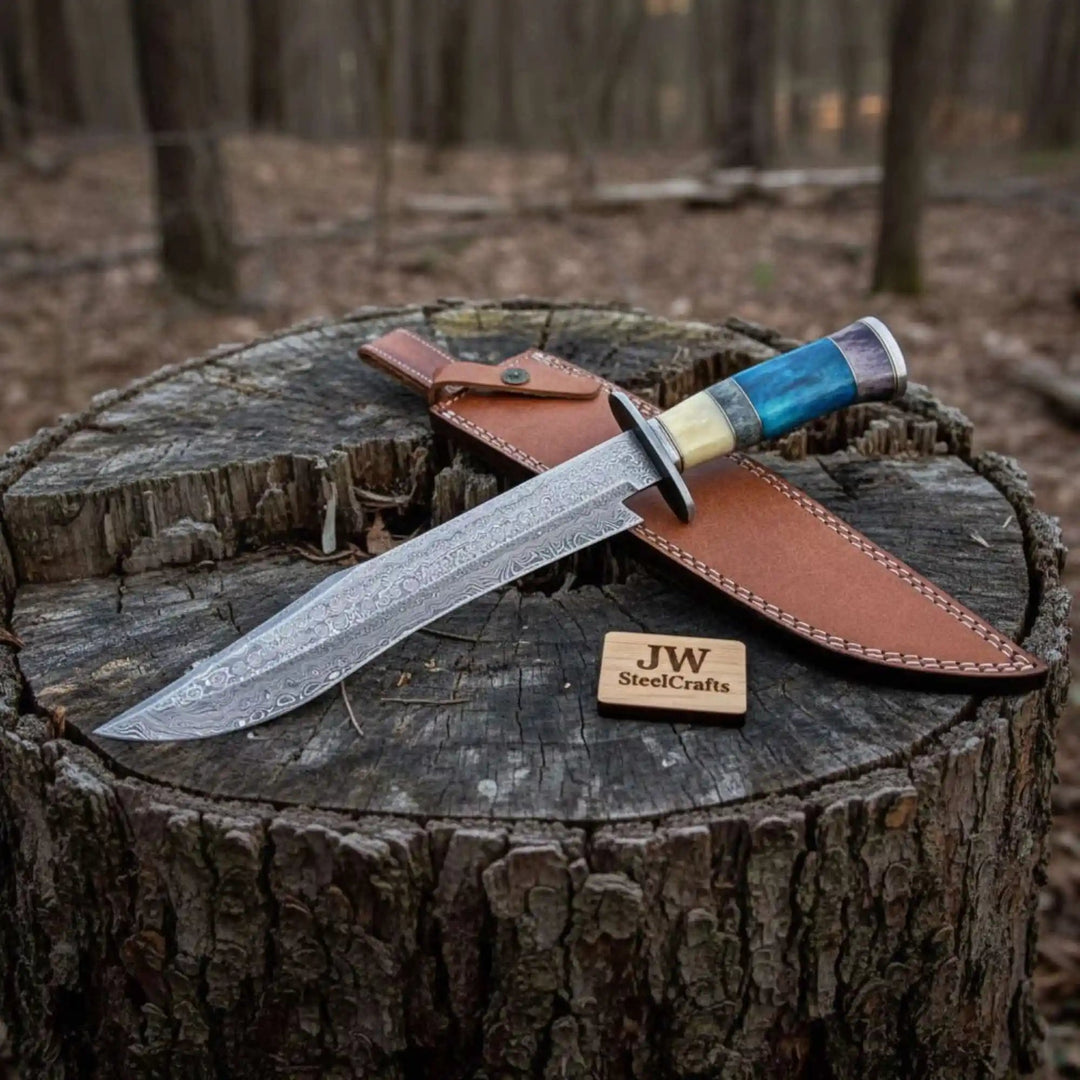 Handmade Damascus Clip Point Bowie Knife Stacked Handle Fixed Blade Hunting Knife JW SteelCrafts handmade Clip Point Bowie Knives by JW SteelCrafts
