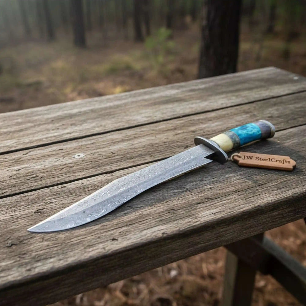 Handmade Damascus Clip Point Bowie Knife Stacked Handle Fixed Blade Hunting Knife JW SteelCrafts handmade Clip Point Bowie Knives by JW SteelCrafts