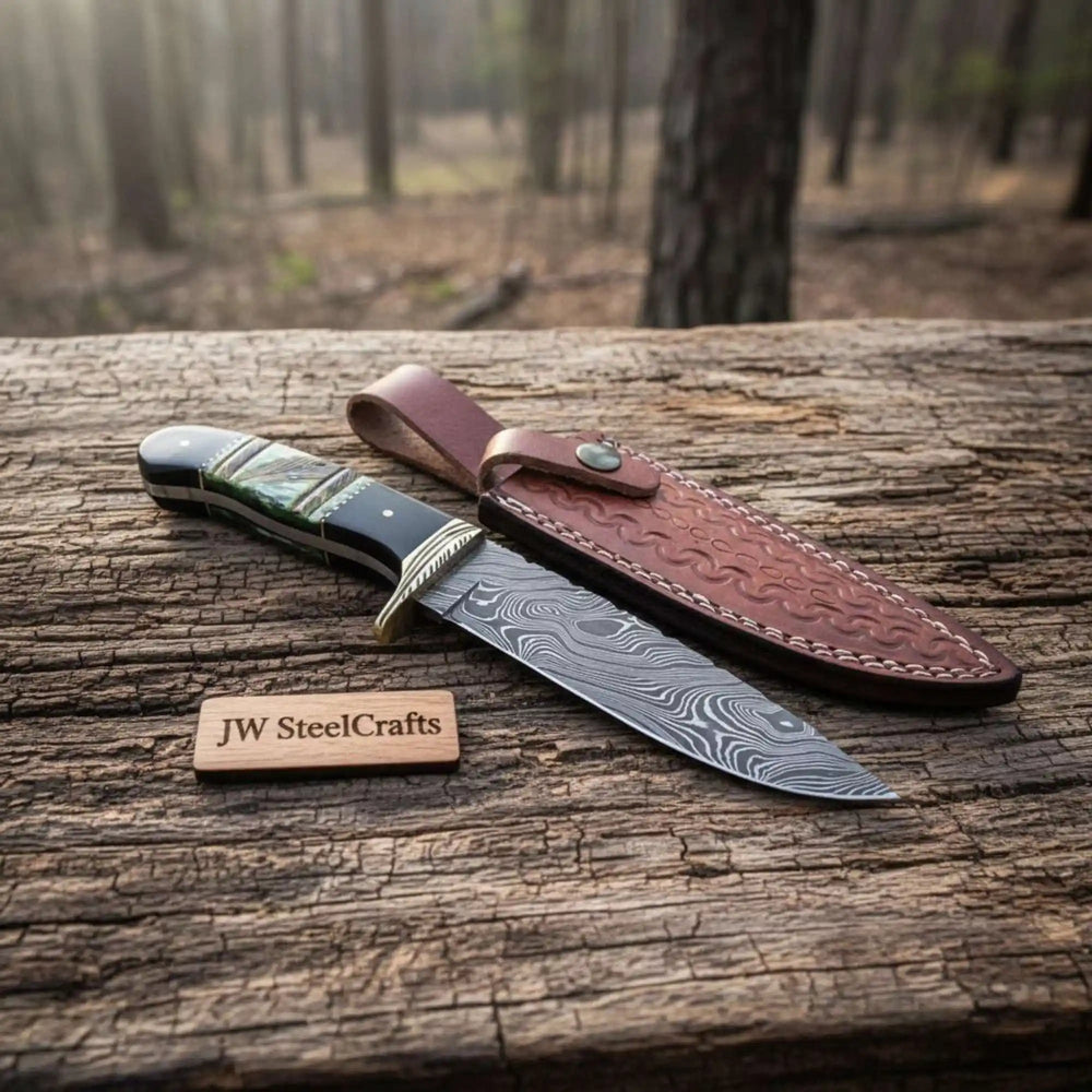 Handmade Damascus Compact Clip Point Bowie Knife, Custom Handle Fixed Blade handmade Clip Point Bowie Knives by JW SteelCrafts