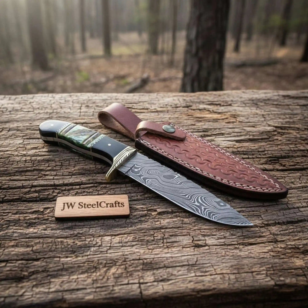 Handmade Damascus Compact Clip Point Bowie Knife, Custom Handle Fixed Blade handmade Clip Point Bowie Knives by JW SteelCrafts