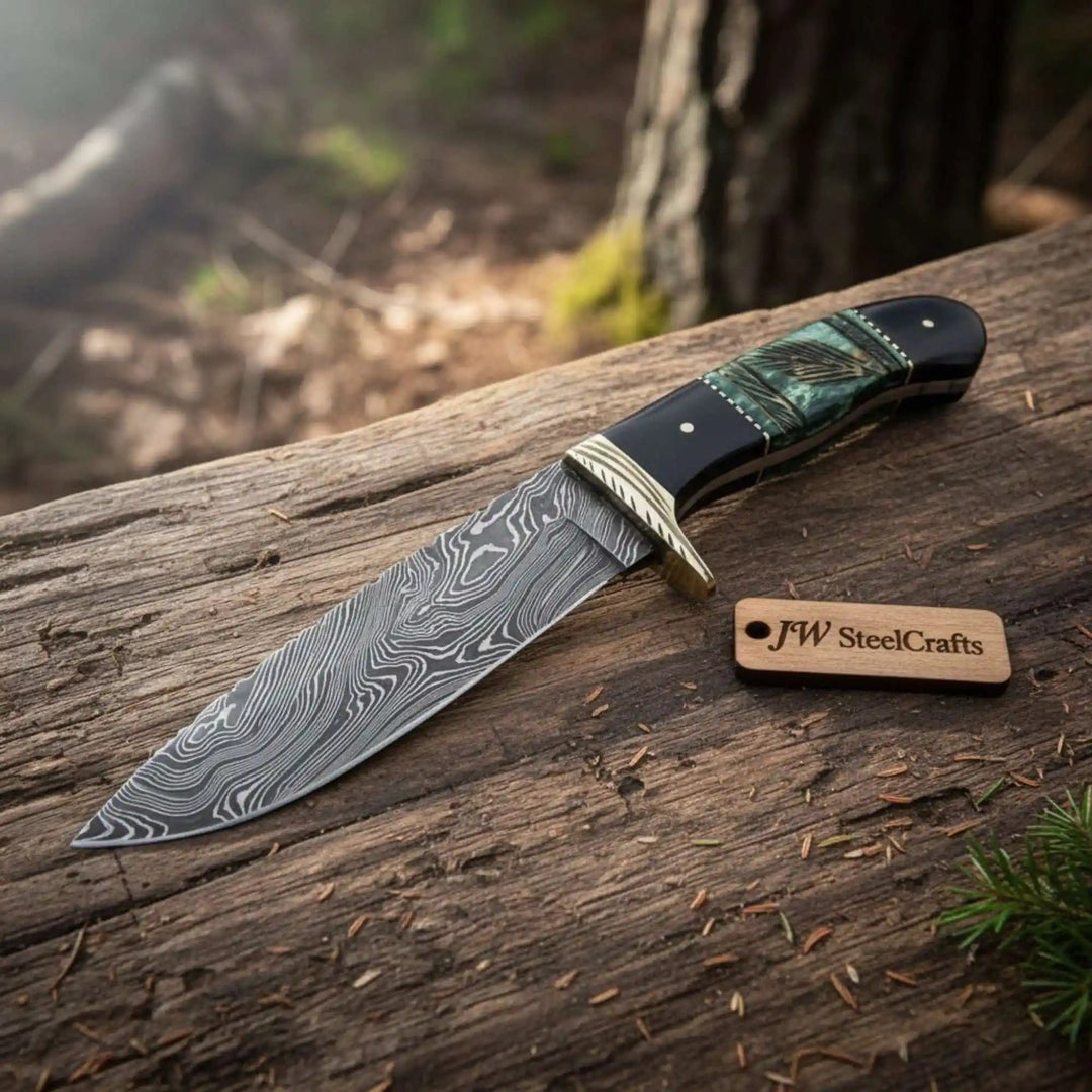 Handmade Damascus Compact Clip Point Bowie Knife, Custom Handle Fixed Blade handmade Clip Point Bowie Knives by JW SteelCrafts