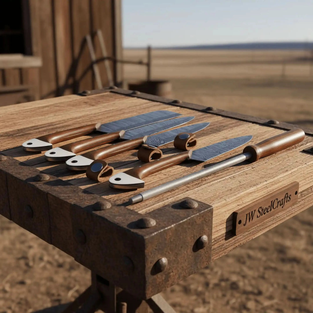 Four handcrafted Damascus steel kitchen knives with curved wooden handles displayed beside honing rod on rustic outdoor workbench.