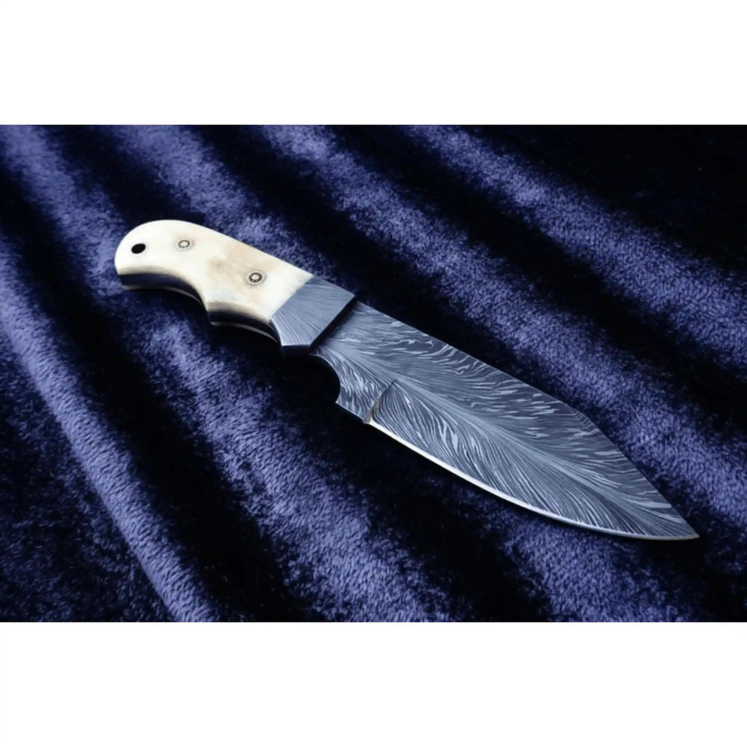 Handmade Damascus Drop Point Hunting Knife with Engraved Bone Handle and Leather Sheath handmade Skinner Knife by JW SteelCrafts