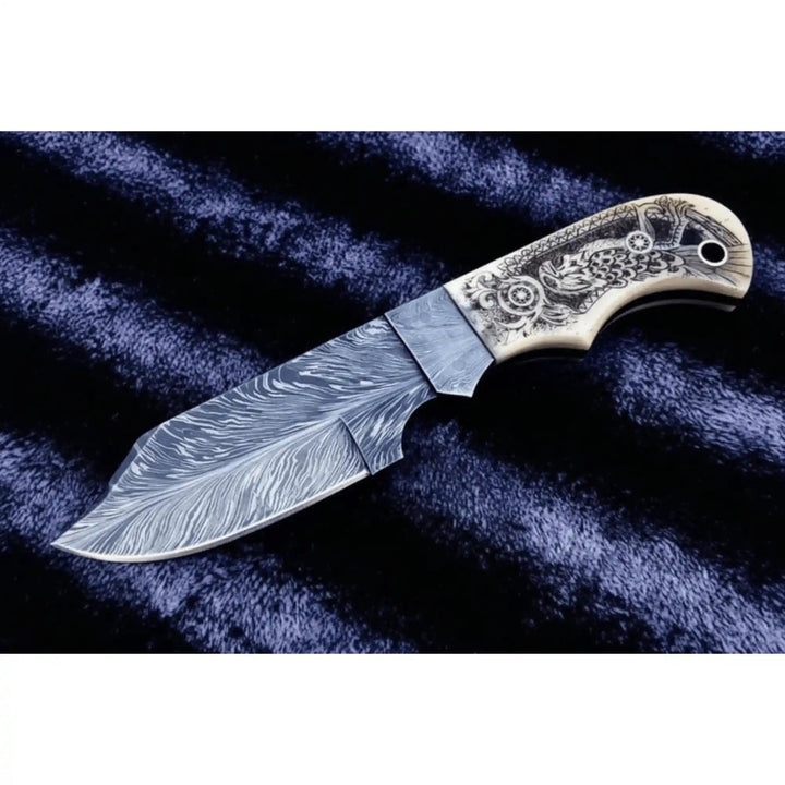 Handmade Damascus Drop Point Hunting Knife with Engraved Bone Handle and Leather Sheath handmade Skinner Knife by JW SteelCrafts