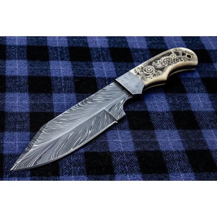 Handmade Damascus Drop Point Hunting Knife with Engraved Bone Handle and Leather Sheath handmade Skinner Knife by JW SteelCrafts