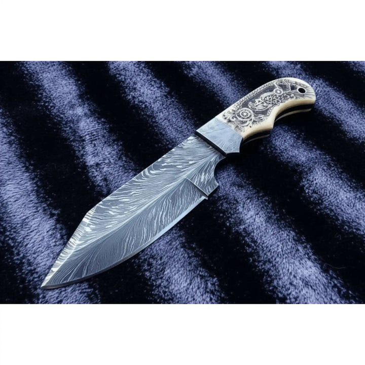Handmade Damascus Drop Point Hunting Knife with Engraved Bone Handle and Leather Sheath handmade Skinner Knife by JW SteelCrafts