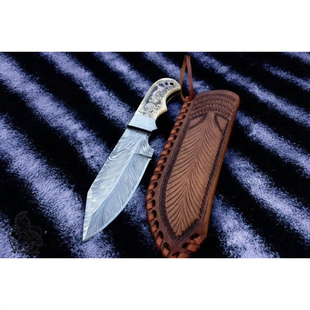Handmade Damascus Drop Point Hunting Knife with Engraved Bone Handle and Leather Sheath handmade Skinner Knife by JW SteelCrafts