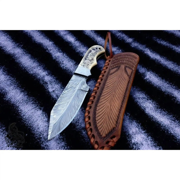 Handmade Damascus Drop Point Hunting Knife with Engraved Bone Handle and Leather Sheath handmade Skinner Knife by JW SteelCrafts