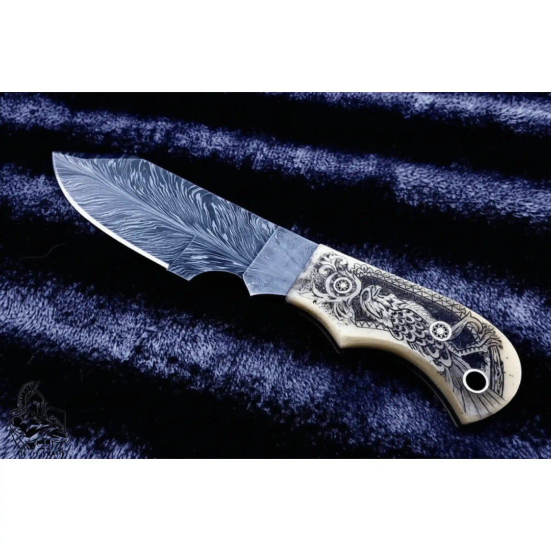 Handmade Damascus Drop Point Hunting Knife with Engraved Bone Handle and Leather Sheath handmade Skinner Knife by JW SteelCrafts