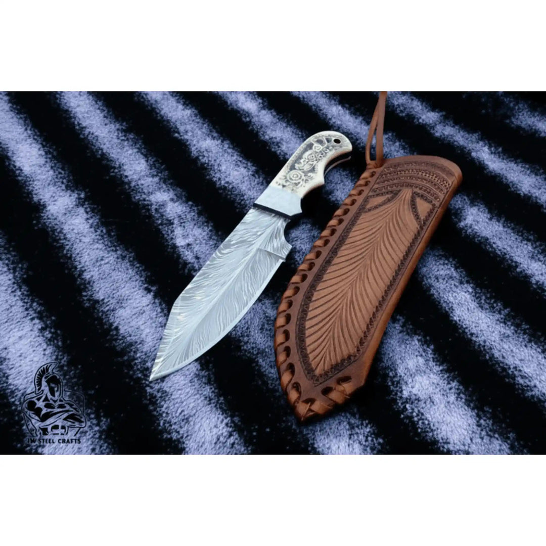 Handmade Damascus Drop Point Hunting Knife with Engraved Bone Handle and Leather Sheath handmade Skinner Knife by JW SteelCrafts