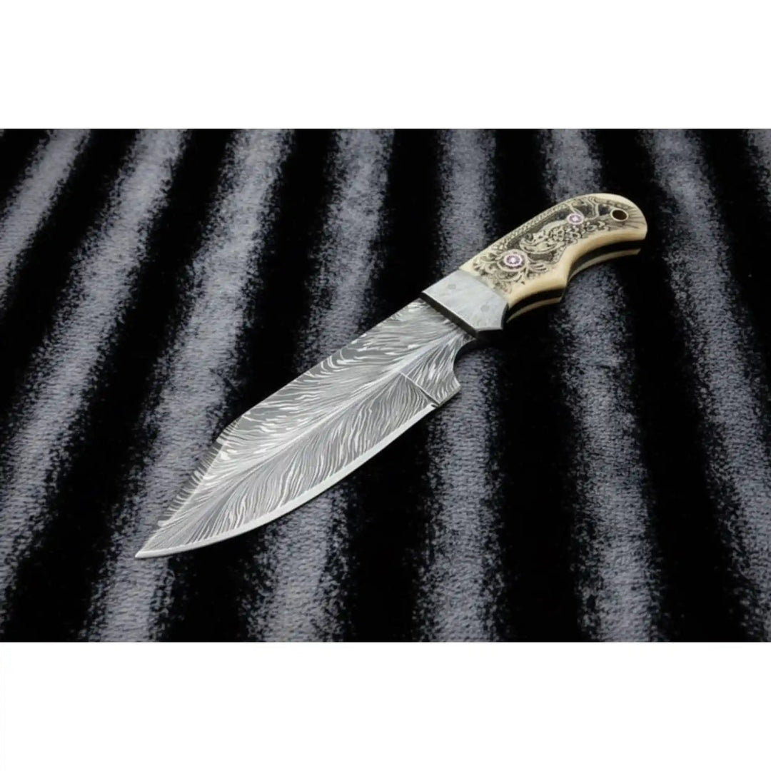 Handmade Damascus Drop Point Hunting Knife with Engraved Bone Handle and Leather Sheath handmade Skinner Knife by JW SteelCrafts