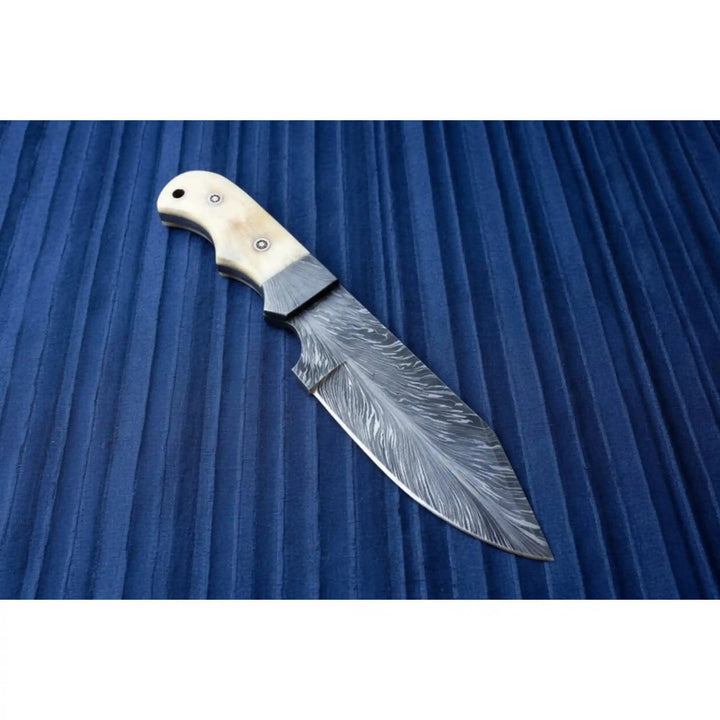Handmade Damascus Drop Point Hunting Knife with Engraved Bone Handle and Leather Sheath handmade Skinner Knife by JW SteelCrafts