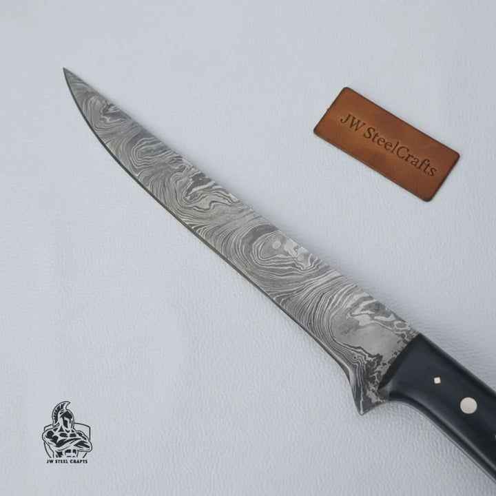 Handmade Damascus Fillet Knife – 11.5 Inch Overall Length, Flexible Fish Filleting Blade with Colored Wood Handle, Full Tang Fishing Knife with Leather Sheath, JW SteelCrafts handmade Handmade Fillet Knives by JW SteelCrafts