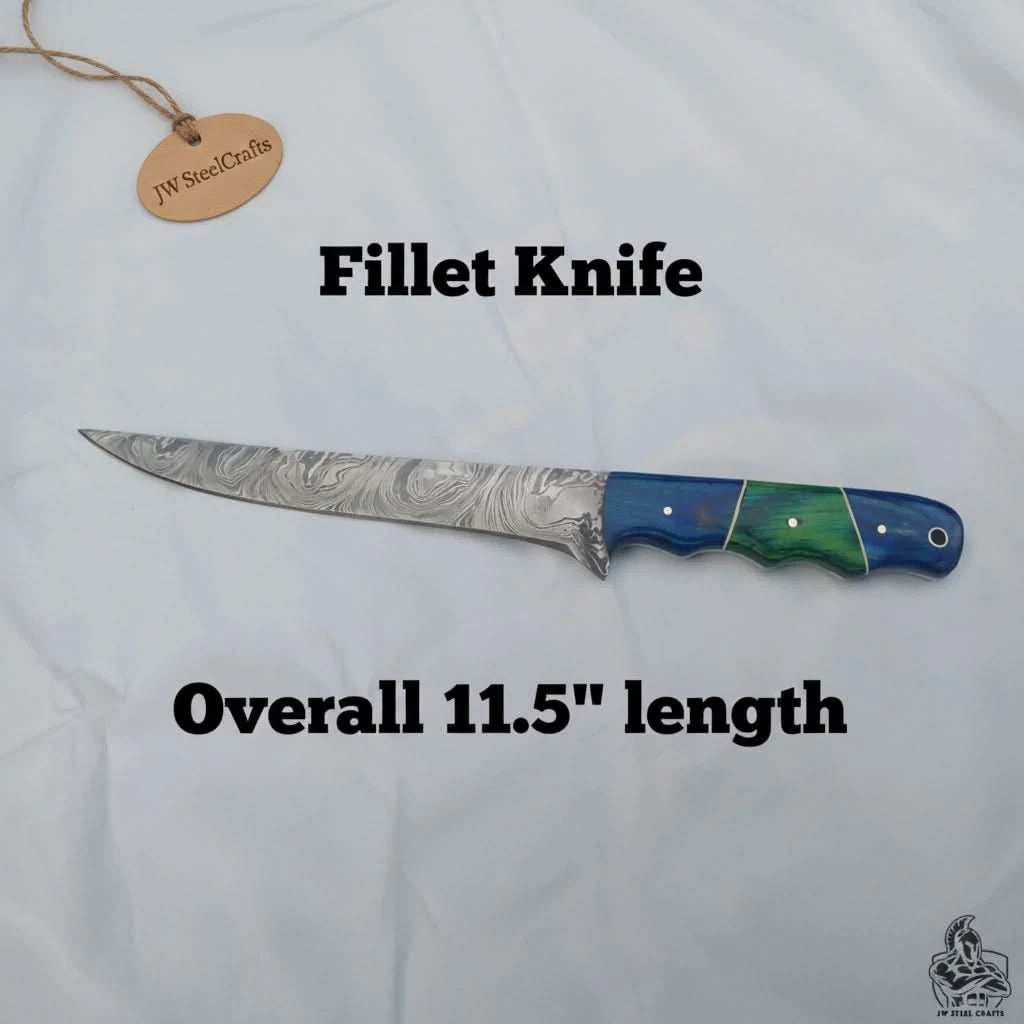 Handmade Damascus Fillet Knife – 11.5 Inch Overall Length, Flexible Fish Filleting Blade with Colored Wood Handle, Full Tang Fishing Knife with Leather Sheath, JW SteelCrafts handmade Handmade Fillet Knives by JW SteelCrafts