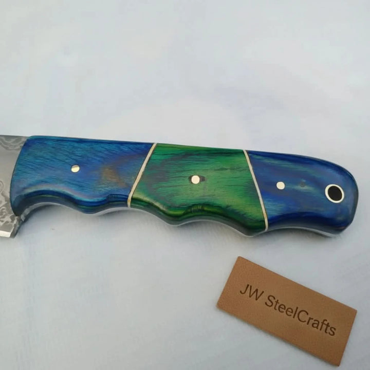Handmade Damascus Fillet Knife – 11.5 Inch Overall Length, Flexible Fish Filleting Blade with Colored Wood Handle, Full Tang Fishing Knife with Leather Sheath, JW SteelCrafts handmade Handmade Fillet Knives by JW SteelCrafts