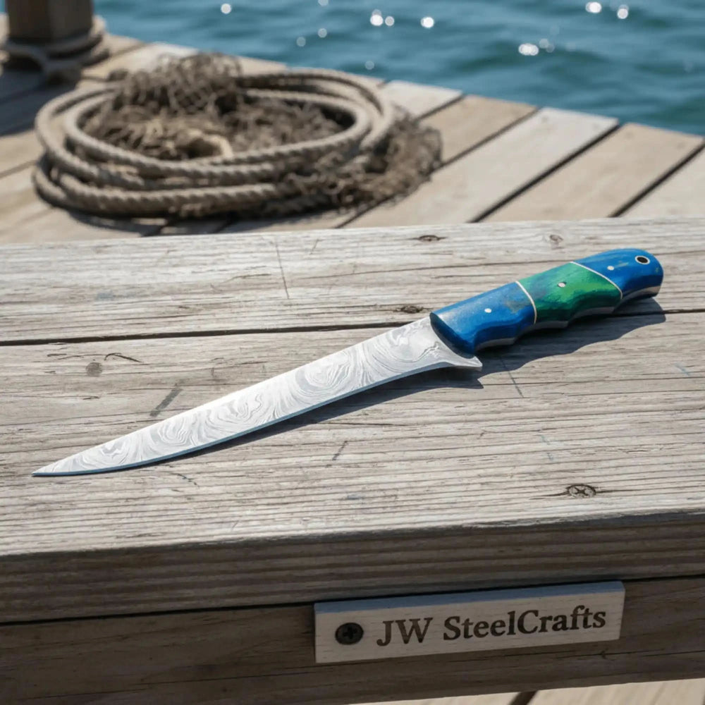 Handmade Damascus Fillet Knife – 11.5 Inch Overall Length, Flexible Fish Filleting Blade with Colored Wood Handle, Full Tang Fishing Knife with Leather Sheath, JW SteelCrafts handmade Handmade Fillet Knives by JW SteelCrafts