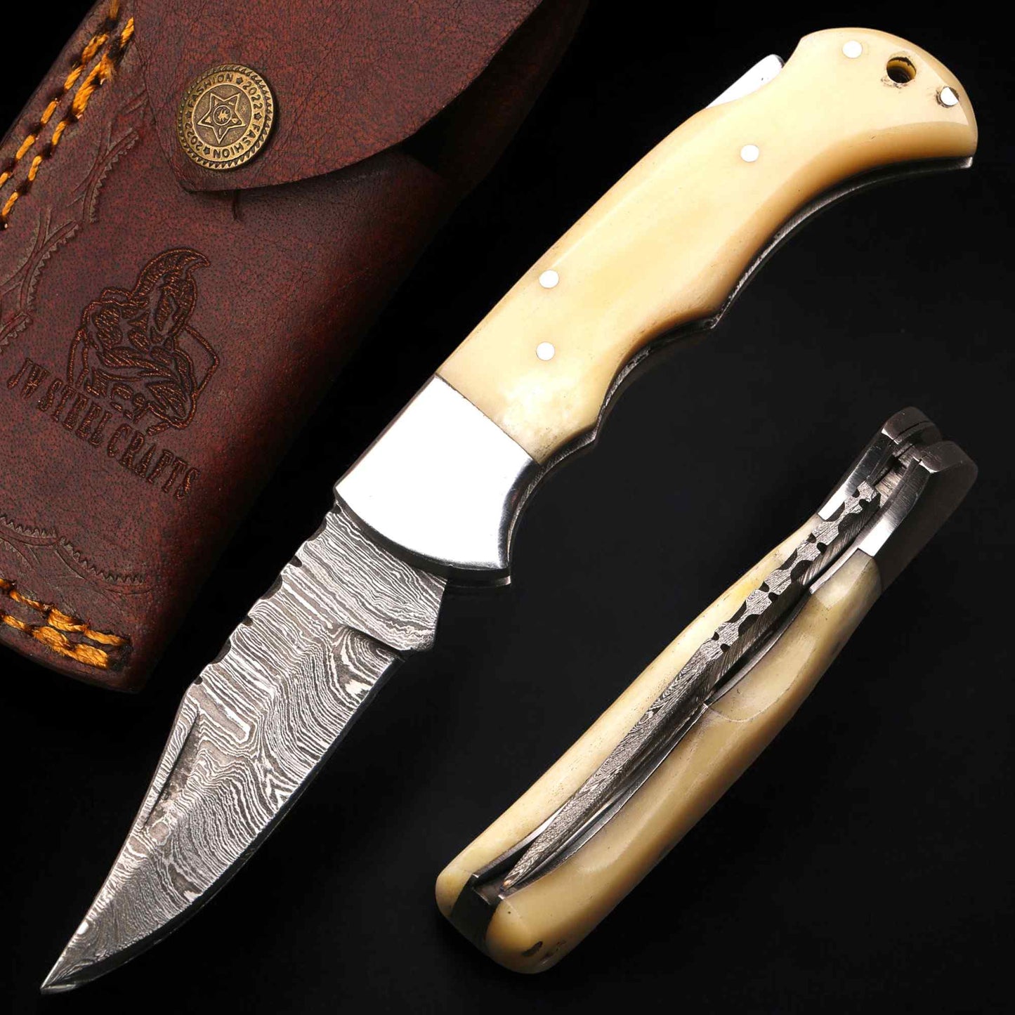 Handmade Damascus Folding Knife – 6.5" Pocket Knife for Men, Groomsmen Gifts, Boyfriend Gift, Personalized for Him, Authentic Damascus Steel