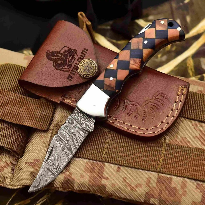 Handmade Damascus Folding Knife – Checker Pattern Wood Handle (Red, Green, Blue) with Leather Sheath handmade Back Lock Folder by JW SteelCrafts