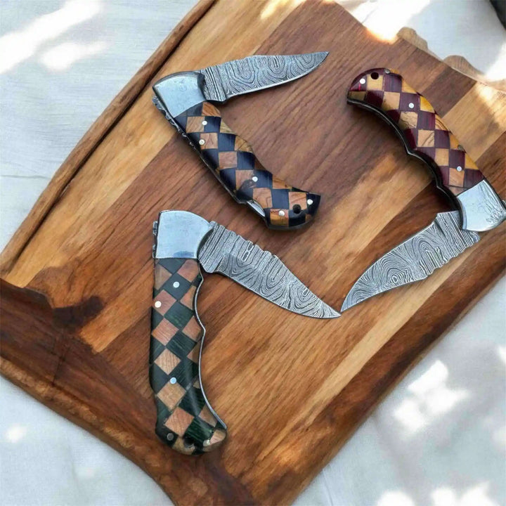 Handmade Damascus Folding Knife – Checker Pattern Wood Handle (Red, Green, Blue) with Leather Sheath handmade Back Lock Folder by JW SteelCrafts