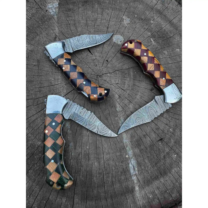 Handmade Damascus Folding Knife – Checker Pattern Wood Handle (Red, Green, Blue) with Leather Sheath handmade Back Lock Folder by JW SteelCrafts